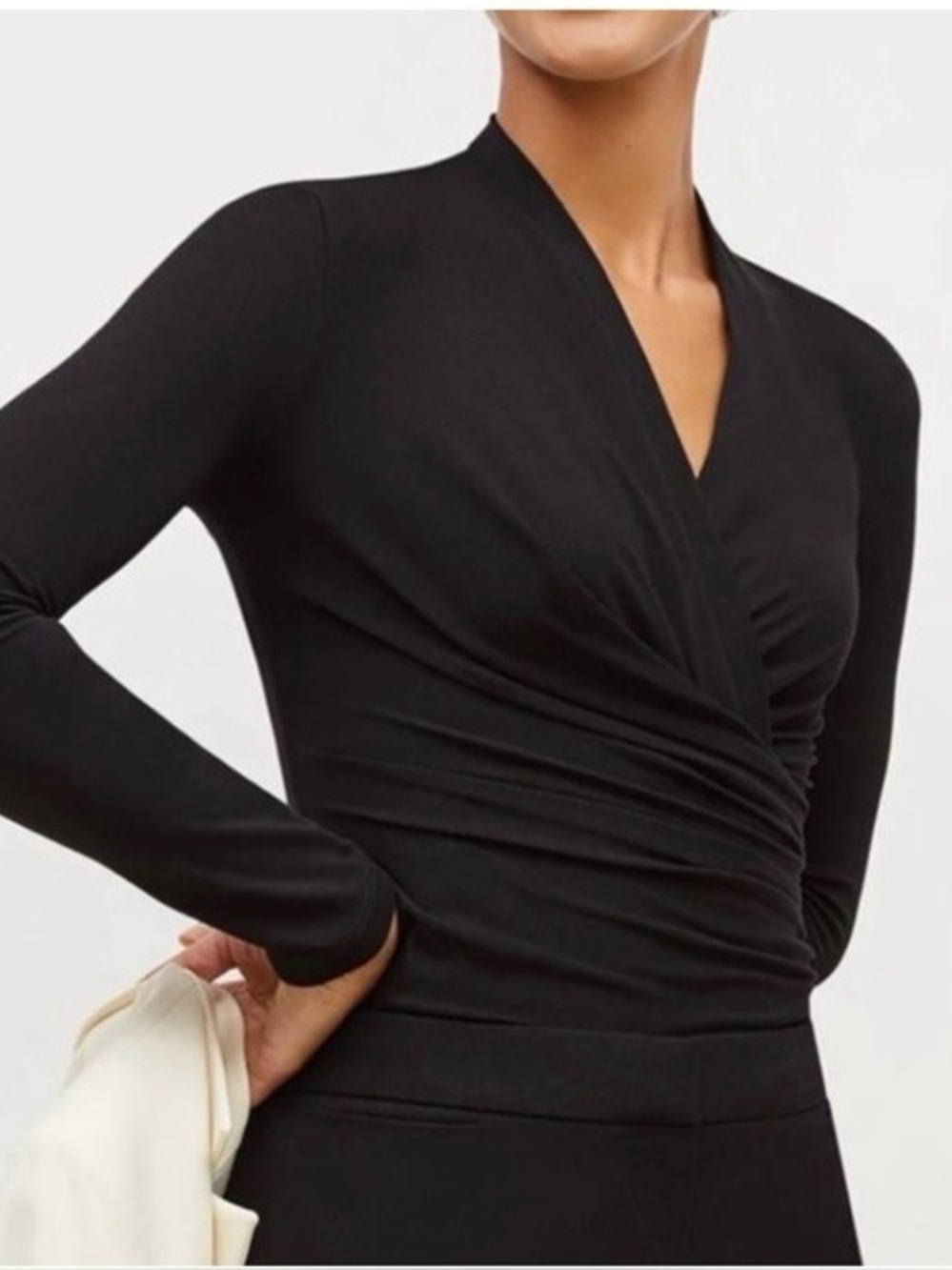 MM LaFleur Fey ruched black faux wrap top +2